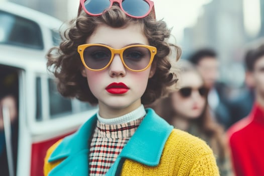 Vintage fashion statement with vibrant colors captured on a bustling city street during a sunny afternoon photo