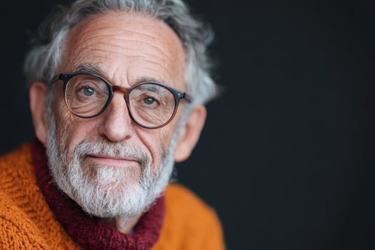 Captivating portrait of an elderly man with glasses wearing a vibrant sweater, radiating wisdom and warmth in a cozy setting photo