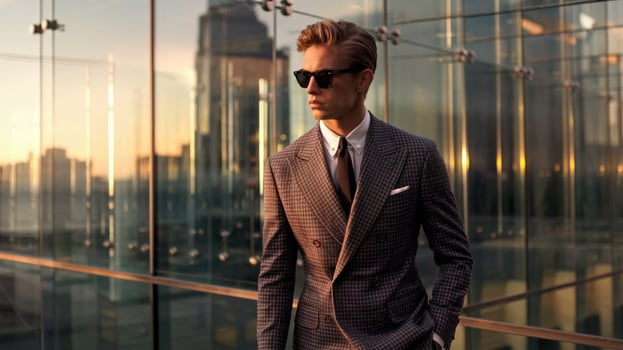A man in a suit and sunglasses standing in front of a building photo