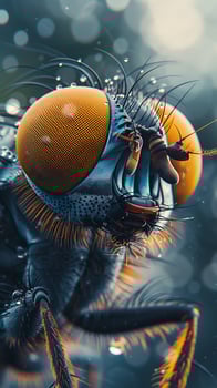 A close up of a fly with water droplets on its face photo