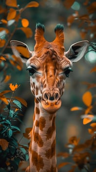 A giraffe is looking at the camera in a forest photo