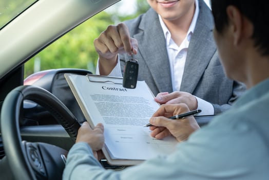 lease, rental car sell, buy. Dealership send contract and car keys to new owner to sign. Sales, loan credit financial, rent vehicle, insurance, renting, Seller, dealer, installment, car care business photo