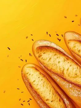 Golden Baguette Bread Loaves Freshly Baked on Yellow Background with Seeds photo