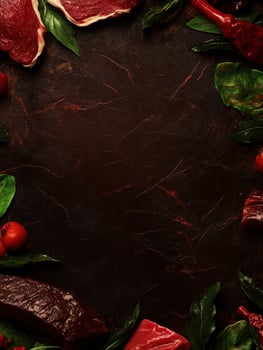 Preparing Gourmet Meat Ingredients Dark Background with Herbs and Vegetables photo