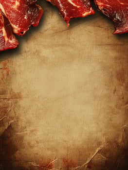 Fresh Raw Beef Meat on Rustic Parchment Paper Background with Copy Space photo