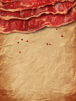 Raw Beef Slices on Crumpled Paper with Pink Peppercorns Food Backdrop photo