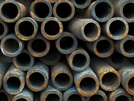 Weathered metal pipes stacked in urban environment photo