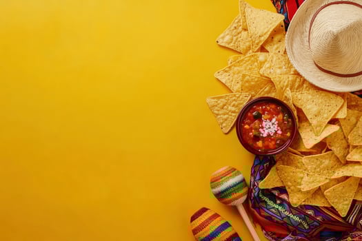 Arrangement of Nachos Salsa Maracas and Sombrero on a Yellow Background photo
