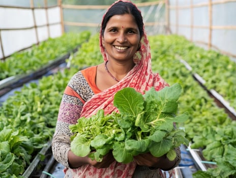 Woman harvesting fresh greens in a greenhouse during daytime photo