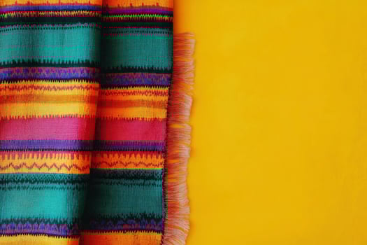 Colorful Striped Textile with Fringe on Yellow Background - Fabric Design photo