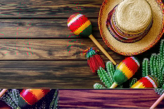 Celebrating Cinco De Mayo with Maracas, Sombrero, and Cactus on Wood photo