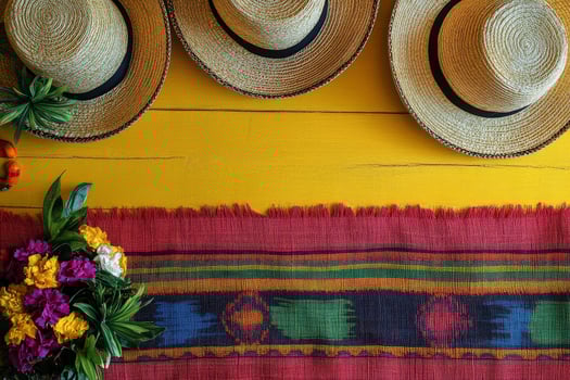 Arrangement of Straw Hats Flowers and Colorful Textile on Yellow Wood photo