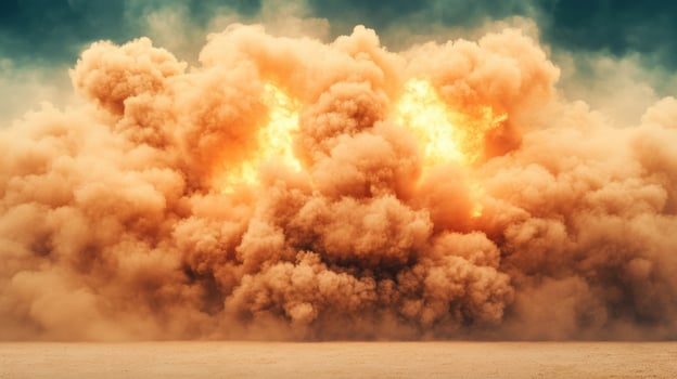 Massive explosion with intense flames and smoke in desert landscape under vibrant sky photo