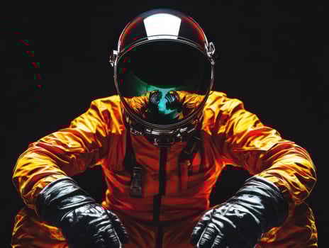 Astronaut in orange suit reflecting cosmos in helmet photo