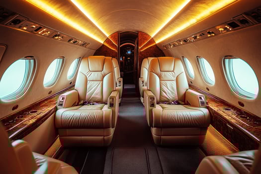 Luxury private jet interior with leather seats and ambient lighting photo