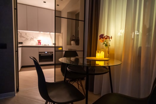 Modern Apartment Interior Design Evening Kitchen Dining Room Glass Partition photo