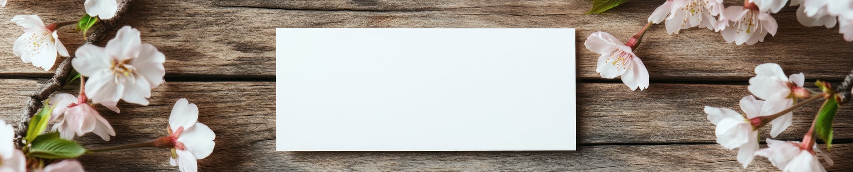 Sakura themed greeting card mock up on rustic wood background for spring design inspiration photo