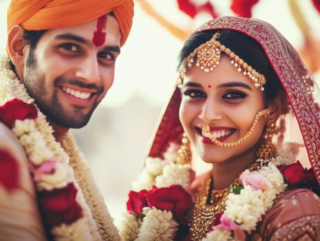 Happy couple celebrating traditional wedding ceremony outdoors photo
