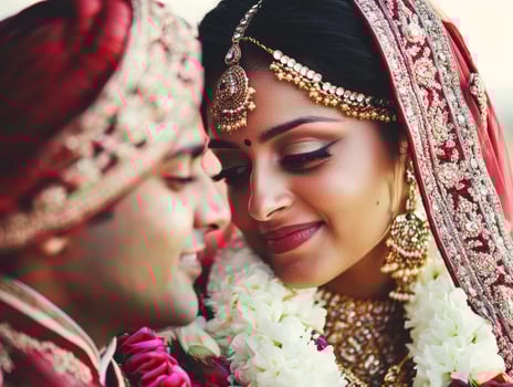 Couple celebrating traditional wedding ceremony in vibrant attire photo