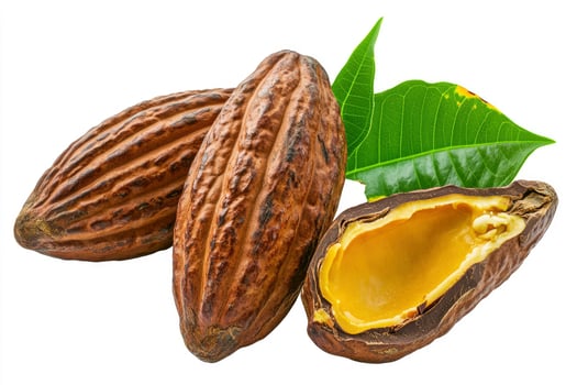 Cocoa Pods with Green Leaves and Open Bean on White photo