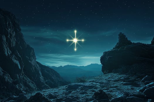 Glowing Star Over a Mountainous Landscape at Night Creating a Fantasy Vibe photo