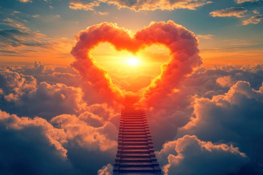 Stairway to Heaven with Heart Shaped Cloud and Glowing Sunset photo