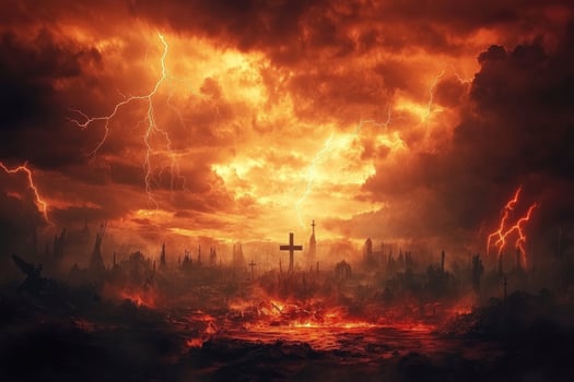 Dramatic Hellscape with Cross and Lightning Bolts Across Fiery Sky photo