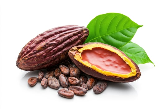 Cocoa Pods and Beans Freshly Harvested with Green Leaves Isolated photo