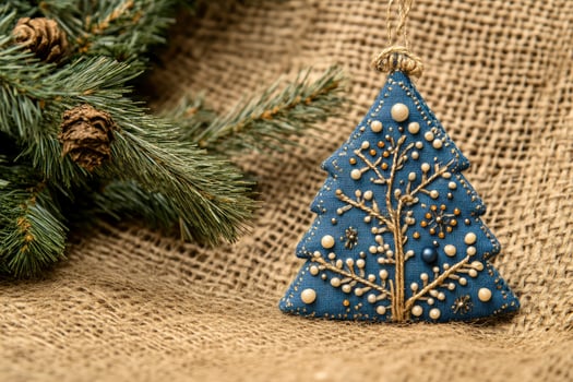 Festive Christmas Tree Ornament with Pine Branch and Burlap Background photo