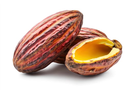 Three Cocoa Pods One Opened Showing Pulp, Isolated on White Background photo