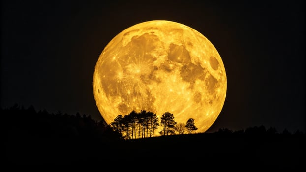 the full moon rises over the trees in the night sky photo