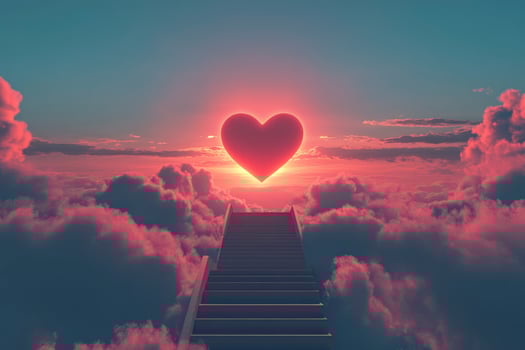 Stairway to Love Heart Above Clouds with Sunset Sky and Stairs photo