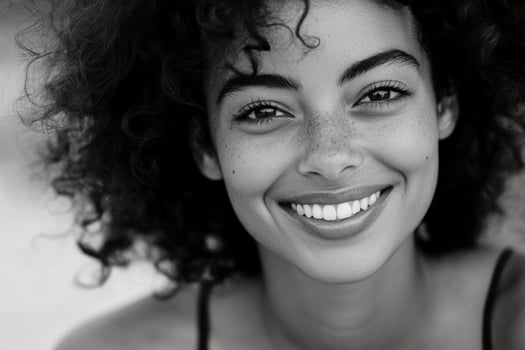 Smiling Woman Portrait with Freckles in Black and White Close Up photo
