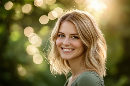Smiling Woman with Blonde Hair in Natural Setting with Bokeh Lights photo