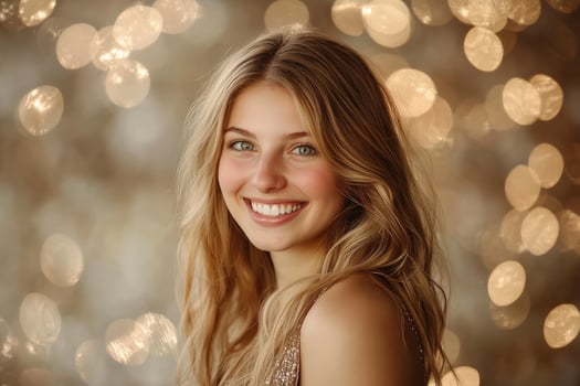 Smiling Young Woman Portrait with Blond Hair and Bokeh Lights Backdrop photo