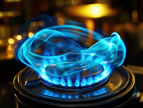 Flames dance on a gas stove in a cozy kitchen setting photo