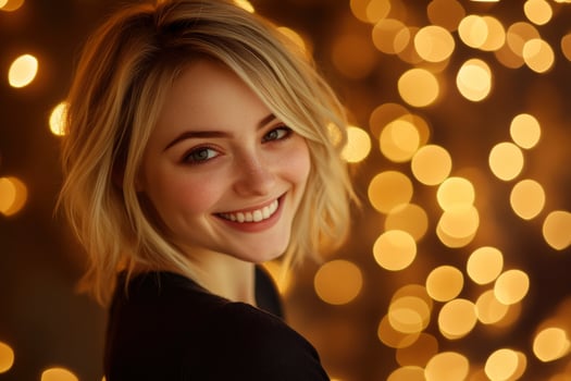 Smiling Woman with Blonde Hair and Freckles Against Blurred Bokeh Lights photo