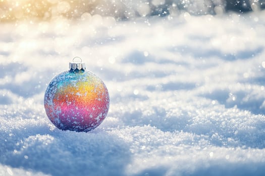 Sparkling Christmas Ornament Resting in Fresh Snow During Winter Season photo