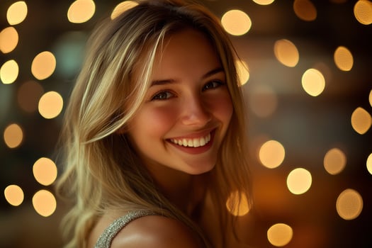 Smiling Woman Portrait with Festive Bokeh Lights Background for Holiday Celebration photo