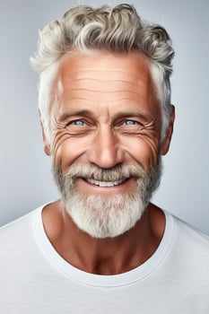 Portrait of happy casual older man smiling, Mid adult, mature age guy with gray hair, Isolated on white background, copy space photo
