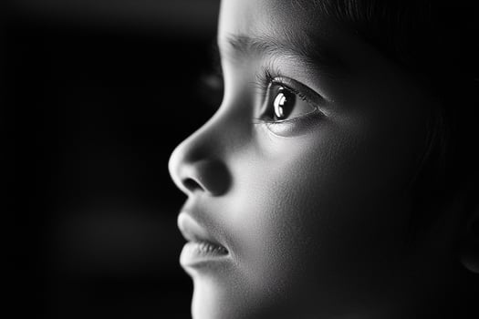 A black and white photo of a child's face
