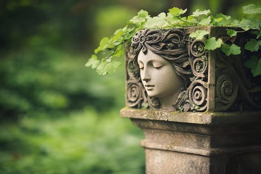 A statue of a woman with a green plant growing on it photo