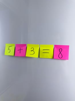 Colored cards with numbers for teaching algebraic operations to child from early age photo