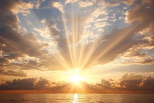 Sunset over the ocean with clouds and sunbeams photo