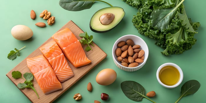 Healthy Ingredients for a Balanced Diet Fresh Salmon, Kale, Eggs, and Nuts photo