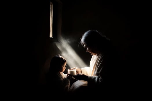 A woman and child are sitting in the dark photo