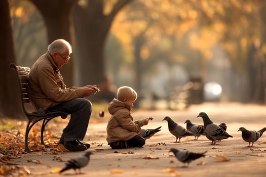 An older man and a young boy feeding pigeons photo