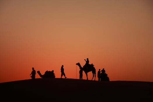 A group of people on camels at sunset photo
