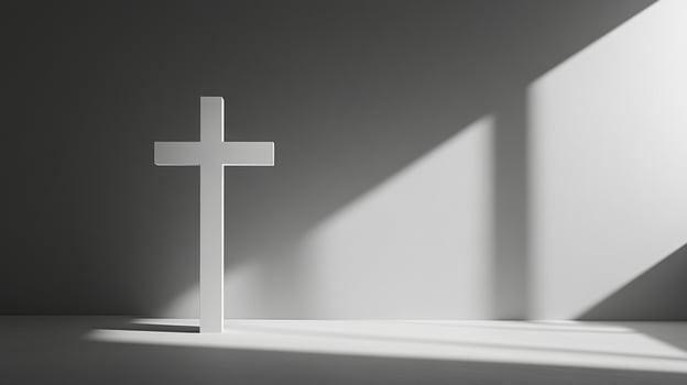 White cross in sunlit minimalist space with geometric shadows photo