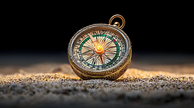 Antique Golden Compass on Sand Illuminated Navigation Concept photo